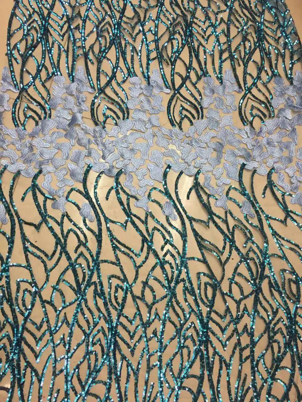 

2017 Latest Teal African French Lace Fabric High Quality African Tulle Lace Fabric with sequins For Wedding