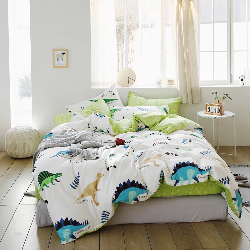 

New Spring and Autumn 100%cotton Cartoon dinosaur Print green Beding Sets Twin Queen King Size comforter for kids/boy bedclothes