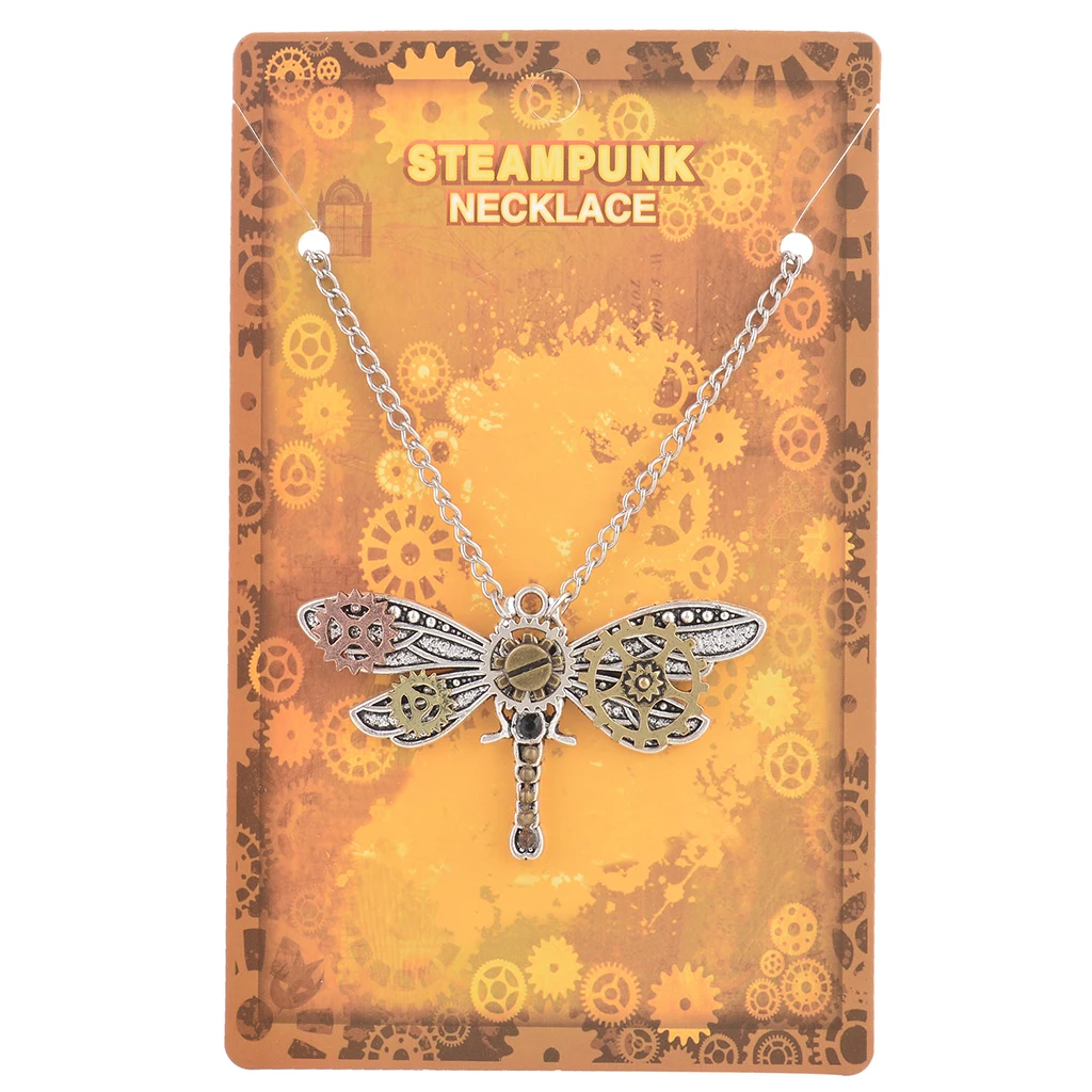 2Pcs Steampunk Vintage Rhinestone Decor Dragonfly Big Beetle Insect Shaped Multigear Gears Women Necklace Gears Chain
