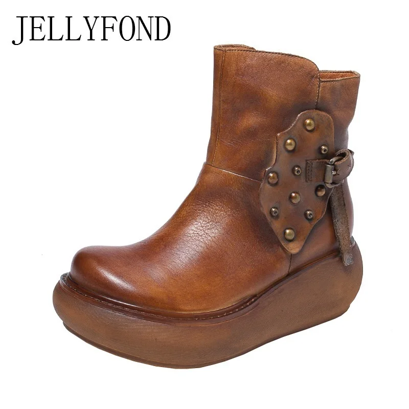 

Cowboy Punk Genuine Leather Ankle Boots Women Rivet Stud Buckle Strap High Heels Wedge Platform Boots 2018 Designer Winter Shoes