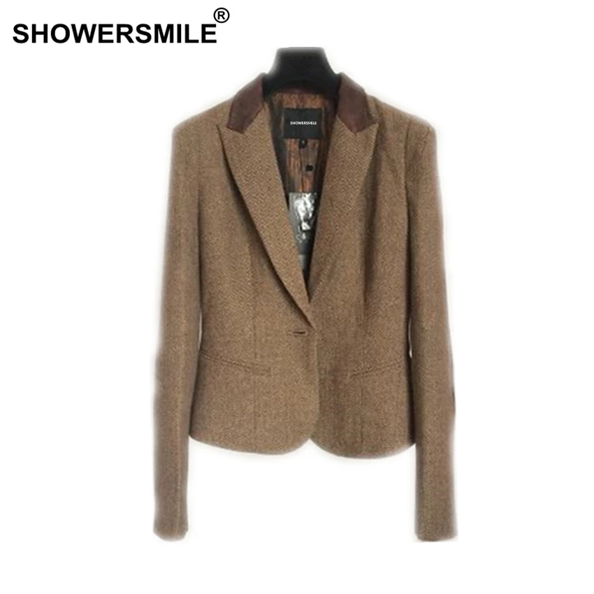 Seller SHOWERSMILE Ladies Blazers British Style Womens Tweed Jacket Herringbone Woolen Vintage Coffee Spring Women Blazers And Jackets