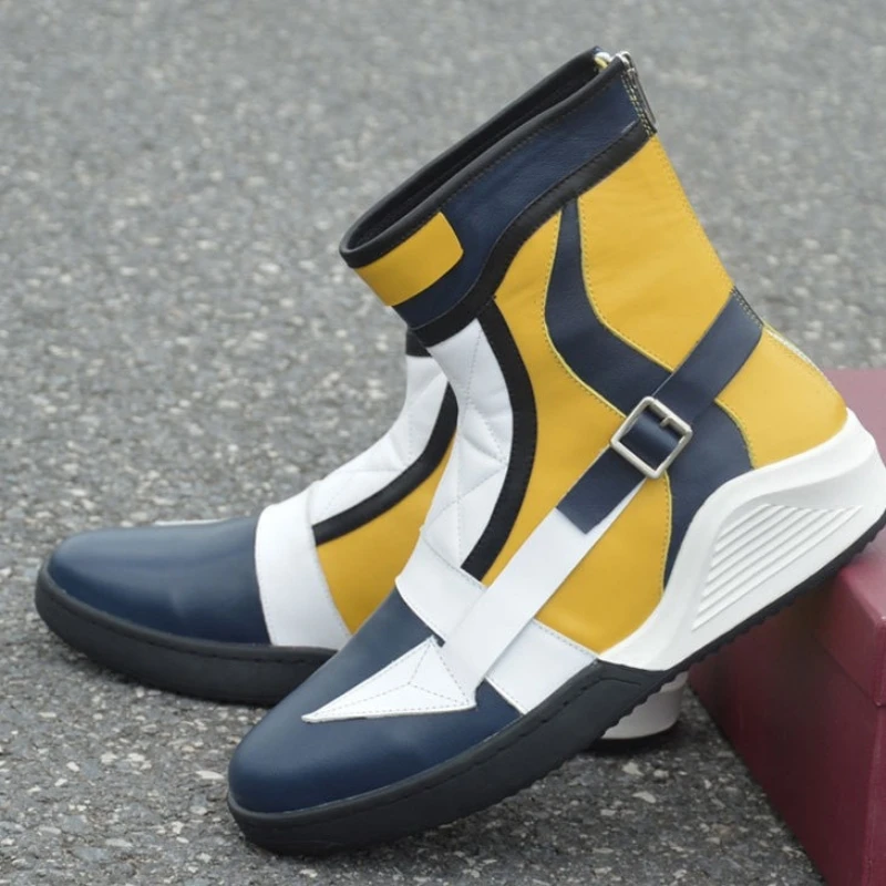 Мужские ботинки; желтые Лоскутные кроссовки из натуральной кожи; Роскошные модные зимние ботинки с круглым носком; повседневная обувь на плоской подошве на молнии