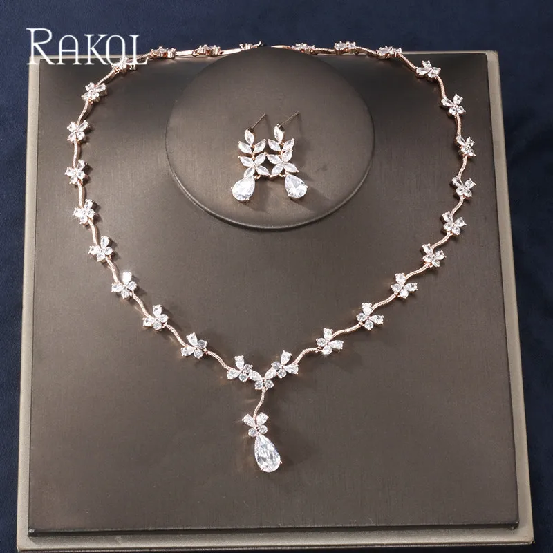 

RAKOL New Cubic Zircon Sliver Color Flower Necklace & Earrings Bridal Jewelry Set For Women Wedding Party Dress Anniversary