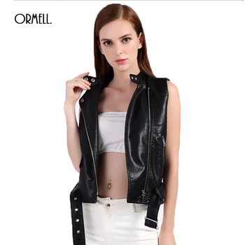 

ORMELL 2017 Women Sleeveless PU Leather Vest Autumn Popular Girls Fashion Black Mandarin Collar Clothes Zippers Outwear Coat