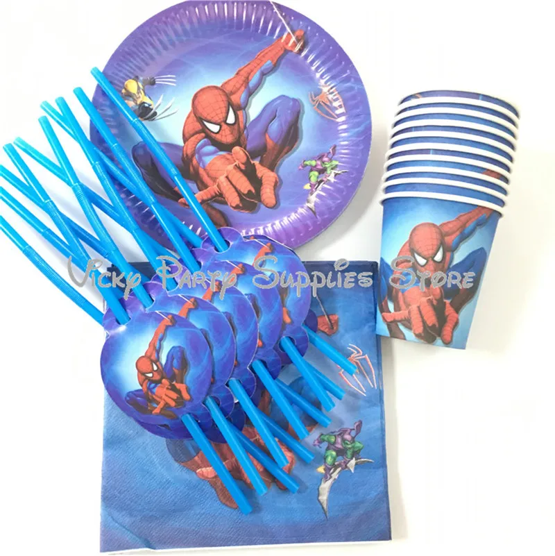 50pcs/lot Spider-man Disposable Tableware Set Birthday Baby Shower Cartoon Cup Plate Napkin Party Supplies | Дом и сад