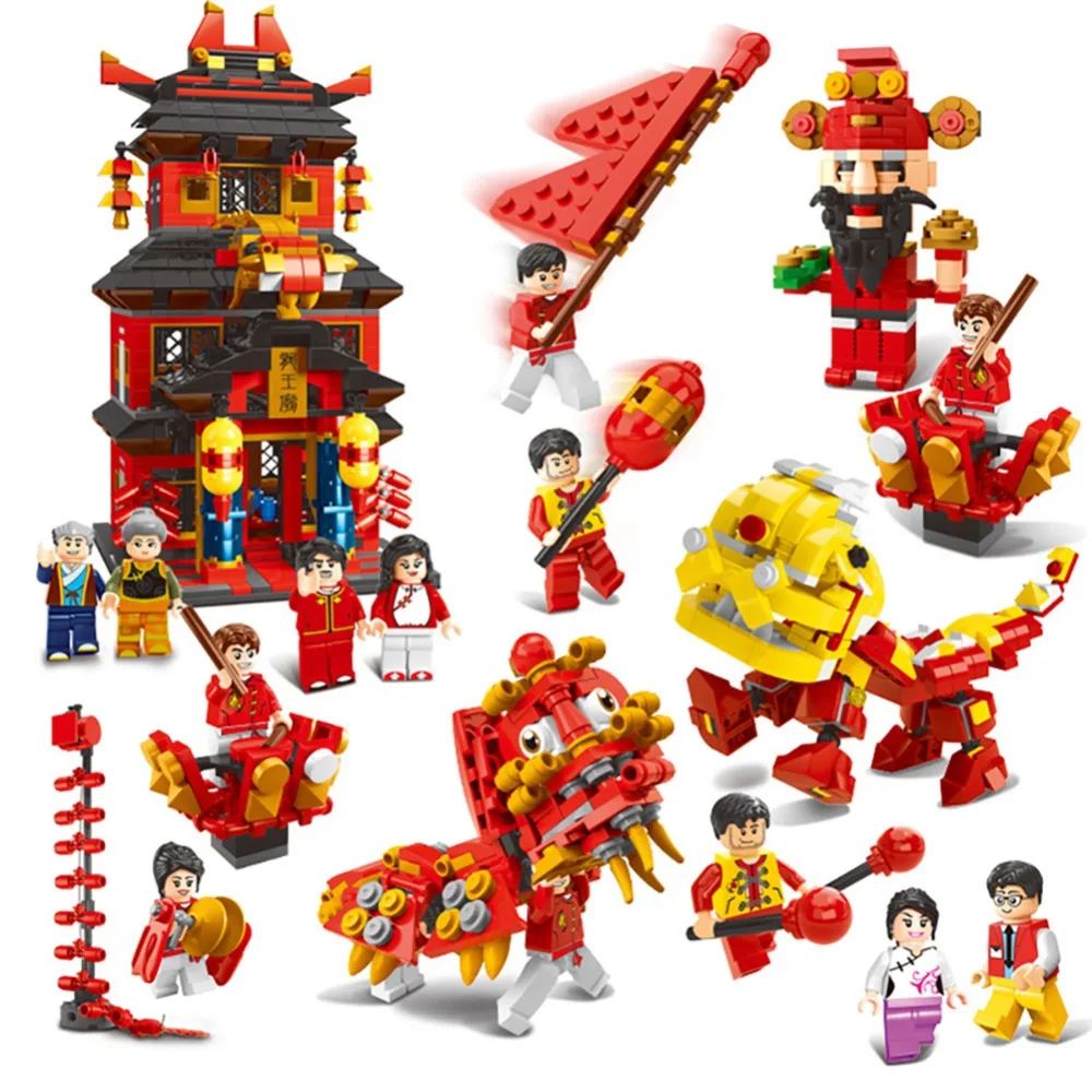 

333-444pcs Chinese Traditional Dragon Lion Dance New Year Building Blocks Compatible legoingly bricks Educational Toy for kids