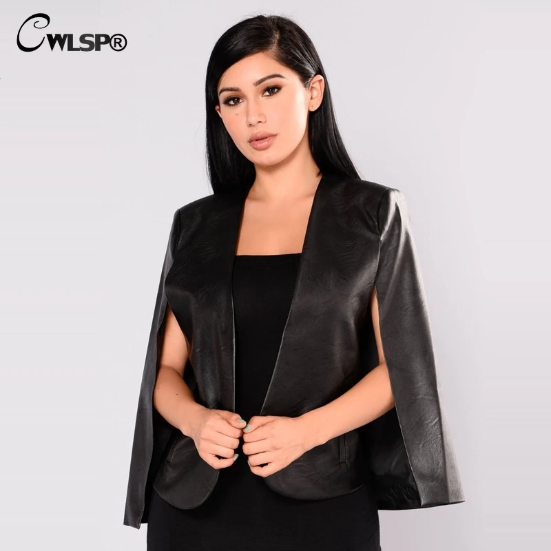 

CWLSP Fashion Autumn Cloak Jacket Women Black PU Leather Short Coat poncho Outwear veste femme manche longue QL3336