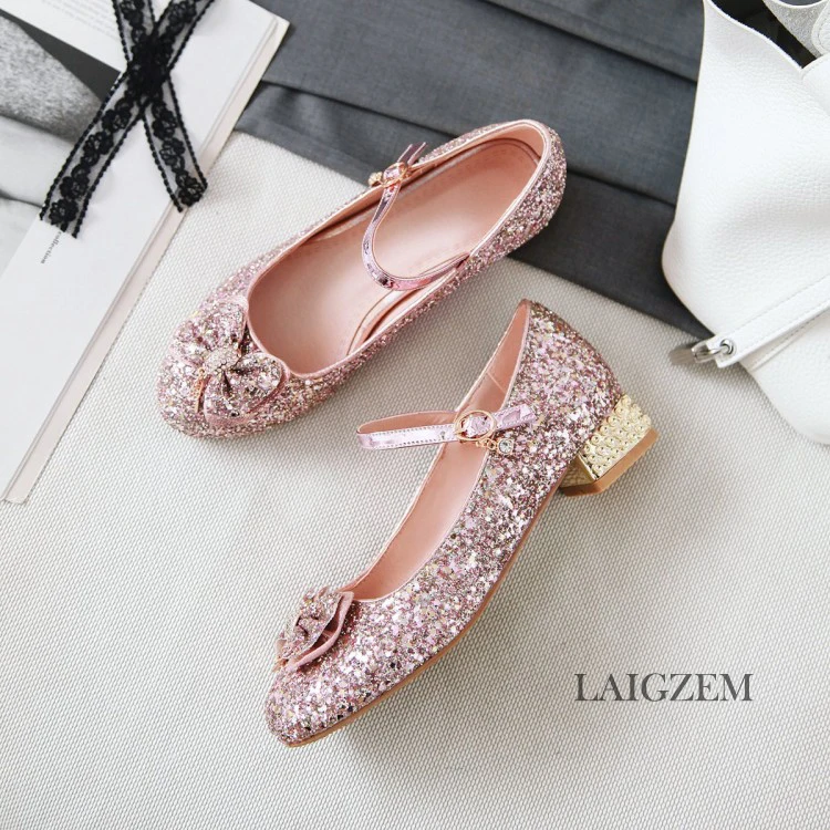 LAIGZEM/элегантная обувь для девочек; блестящие детские сандалии для принцессы; обувь на низком каблуке; вечерние танцевальные туфли с бантом; Meisjes Schoenen