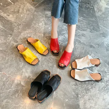

Luxury Women's Sandals Genuine Leather Party Shoes Woman Summer Shoes Square Toe Chunky Heel Ladies Slides Female Sandals