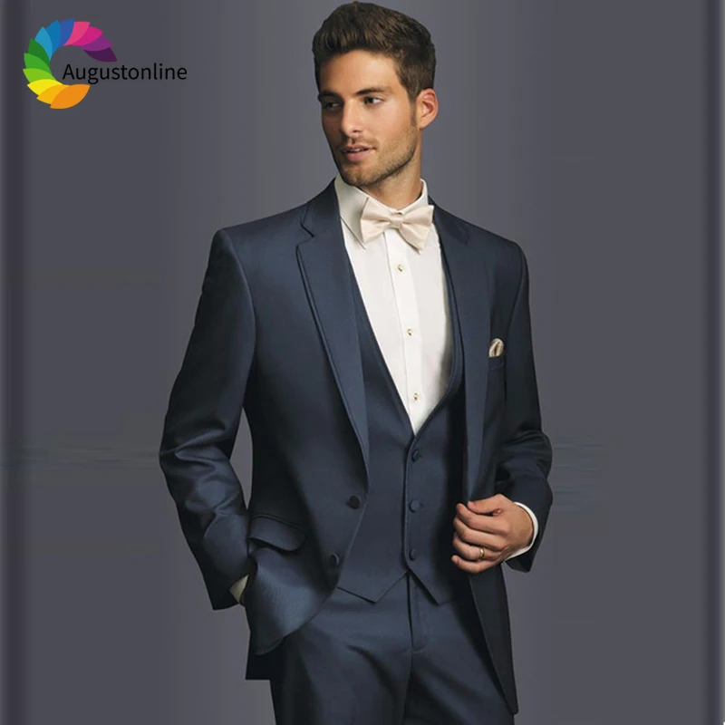 Navy Blue Men Suits for Wedding Groom Tuxedos 3 Pieces (Jacekt+Pants+Vest) Bridegroom Sets Prom Business Suits Costume Homme