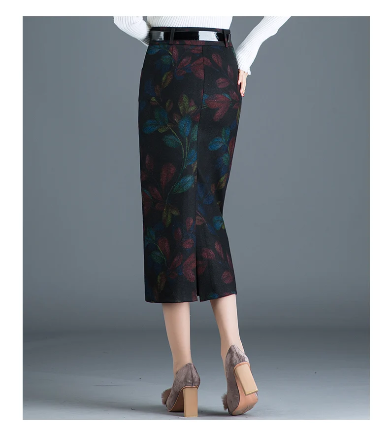 Осенняя Модная стильная женская тонкая шерстяная юбка-карандаш с цветочным рисунком, Женская Осенняя Длинная шерстяная юбка с высокой талией 4xl