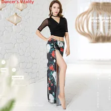 Модал женский Профессиональный танец живота кружевной топ+ печать длинная юбка с разрезами 2 шт танец живота набор для девочек латинский танец набор
