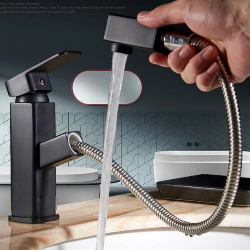

Matte Black Pull-Out Basin Faucet Hot Cold Mixer Bathroom Vanity Tapware