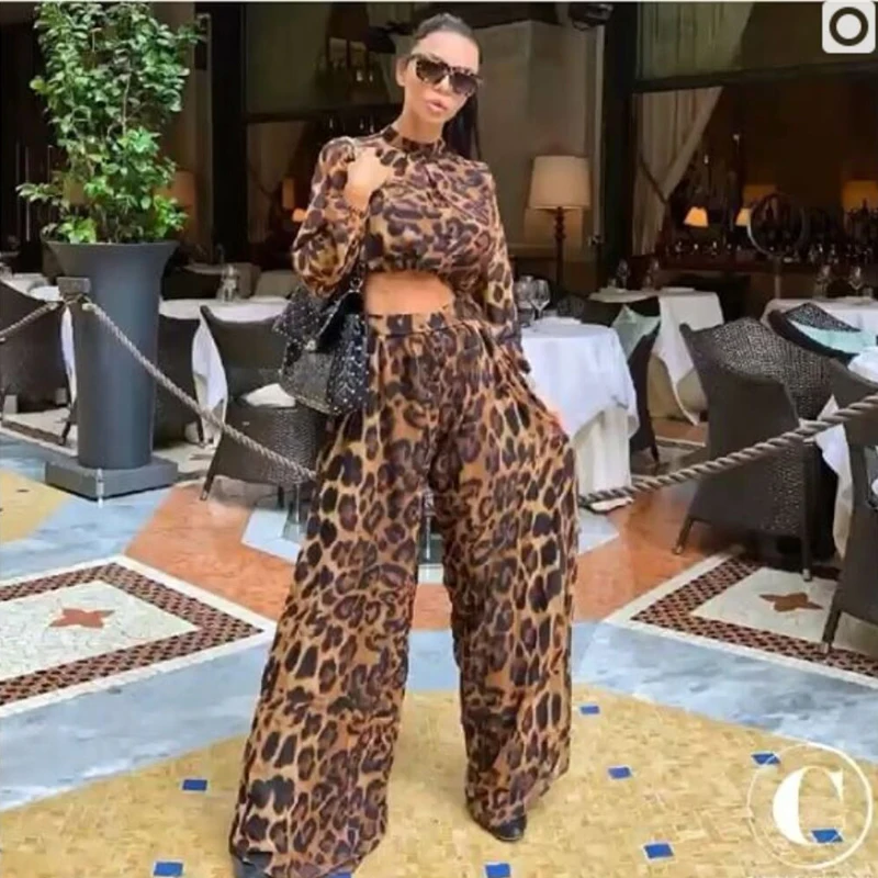 New Fashion Hot Selling Leopard 2 Piece Set Crop Top Casual Jumpsuit Outfit Apparel Women Party Club Date Clothing Wholesale