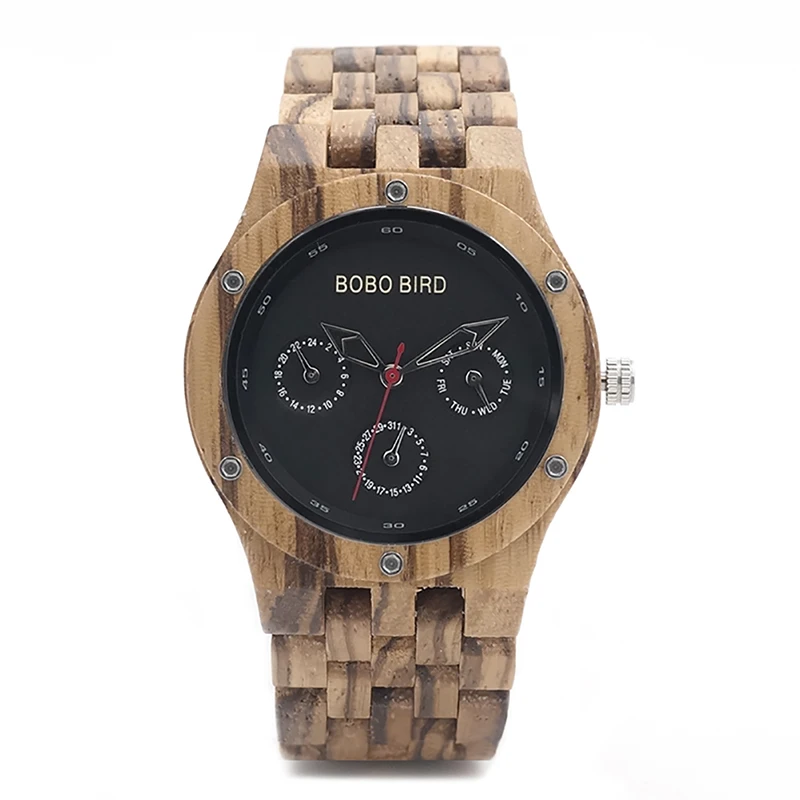 BOBO BIRD Men Watch Date Time Week 24 Hours Wooden WristWatches Round Quartz Watch With Gift Box custom logo