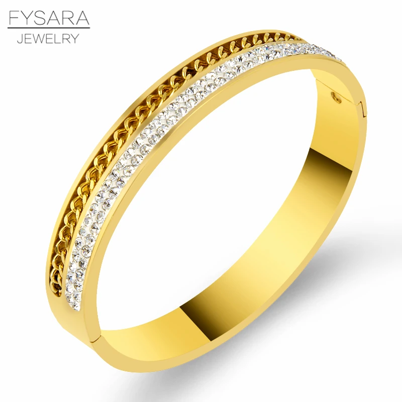 

FYSARA Zircon Crystals Bangle Wedding Bridal Rhinestone Flat Chain Bracelet Women Gold Pulseiras Stainless Steel Wedding Jewery