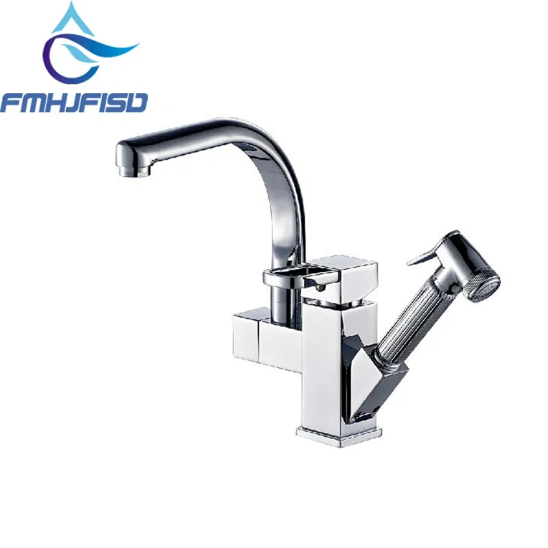 Deck Mounted Chrome Brass Kitchen Faucet Pull Out Sprayer Vessel Bar Sink Faucet Single Handle Hole