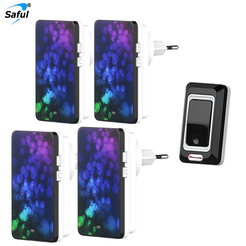 

Saful Wireless Waterproof Push Button Doorbell EU/US/UK/AU Plug with 1 Out Transmitter + 4 Indoor Receiver Free Shipping