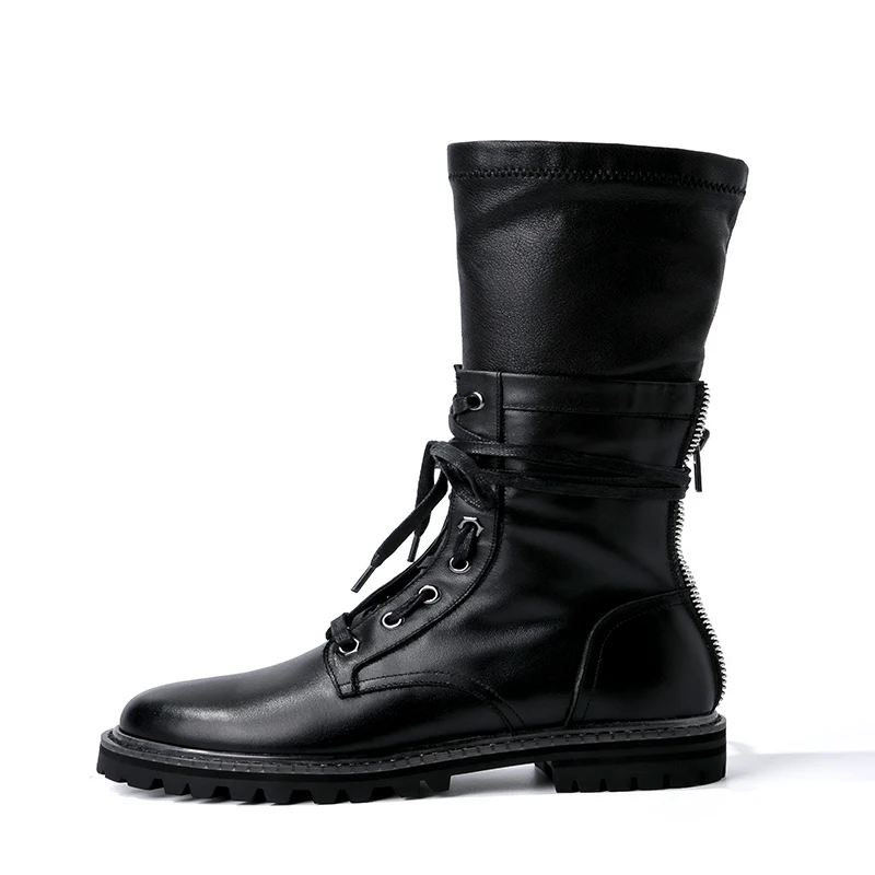 Женские ботинки до середины икры из коровьей кожи; военные ботинки; женские мотоциклетные ботинки в готическом стиле; ботинки в стиле панк; женская зимняя обувь - Цвет: black pigskin Lining