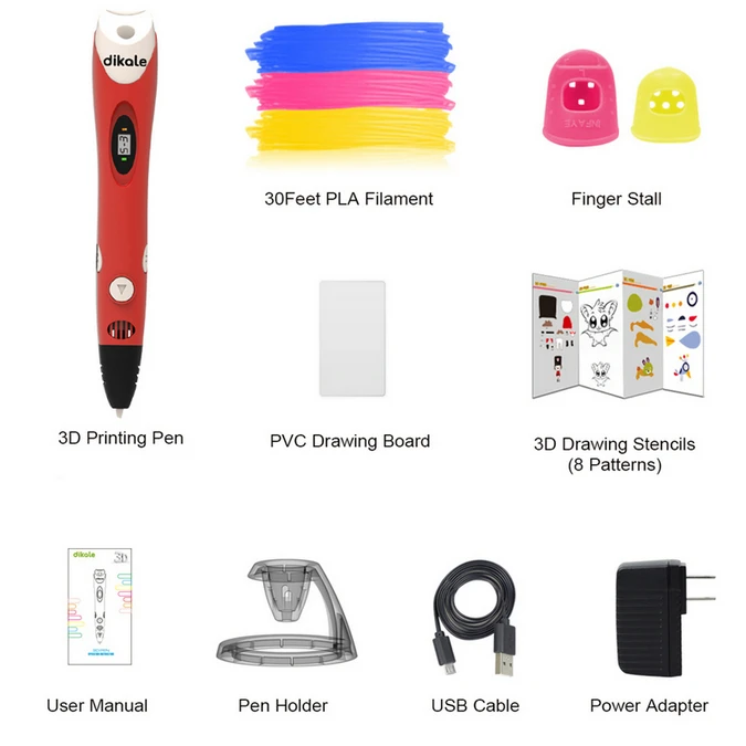Dikale 3D Ручка для печати USB Canetas Criativa 7-го поколения Impresora Magica 3D Ручка для рисования струбцина нить PLA подарок для детей и взрослых - Цвет: Red EU Free 9m PLA