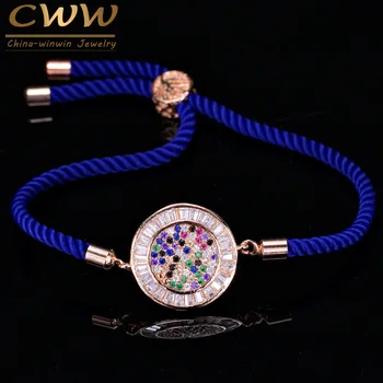 

CWWZircons Fashion Rose Gold Color Cubic Zirconia Stones Round Charm Handmade Blue Rope Bracelets Women Handmade Jewelry CB003