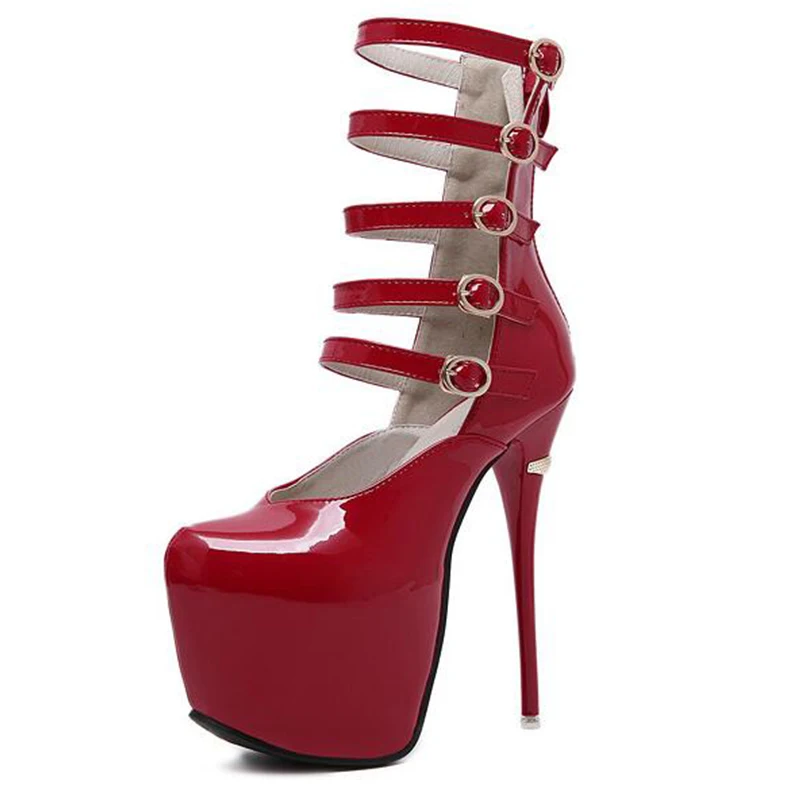 COVOYYAR 2019 16cm Extreme High Heels Sexy Platform Lady Pumps Stiletto Buckles Black/Red Gladiator Shoes for Party WHH697