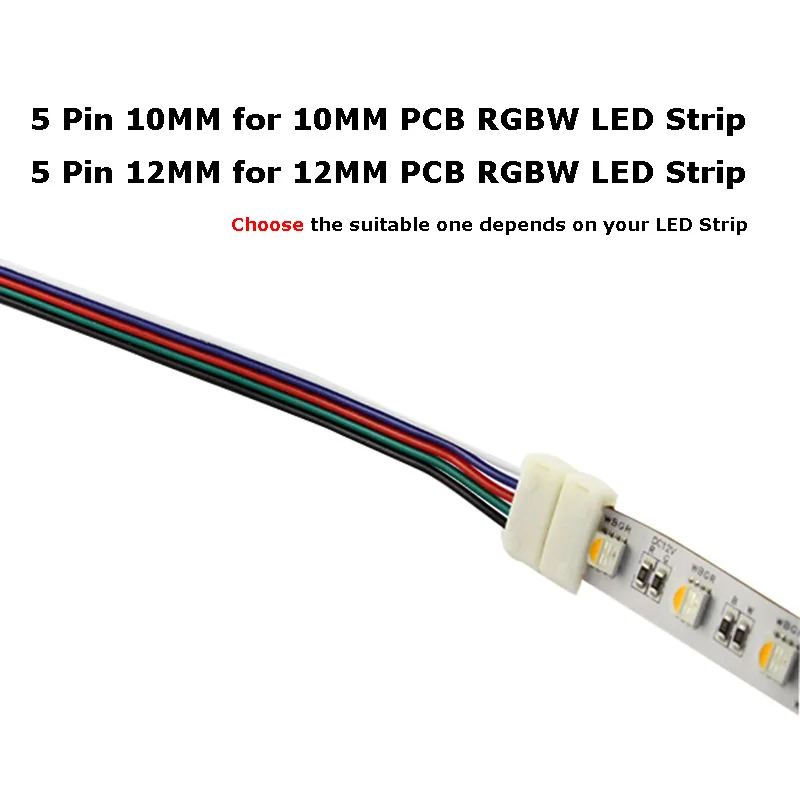5 Pin 10mm 12mm RGBW led strip connector solderless with 15cm wire