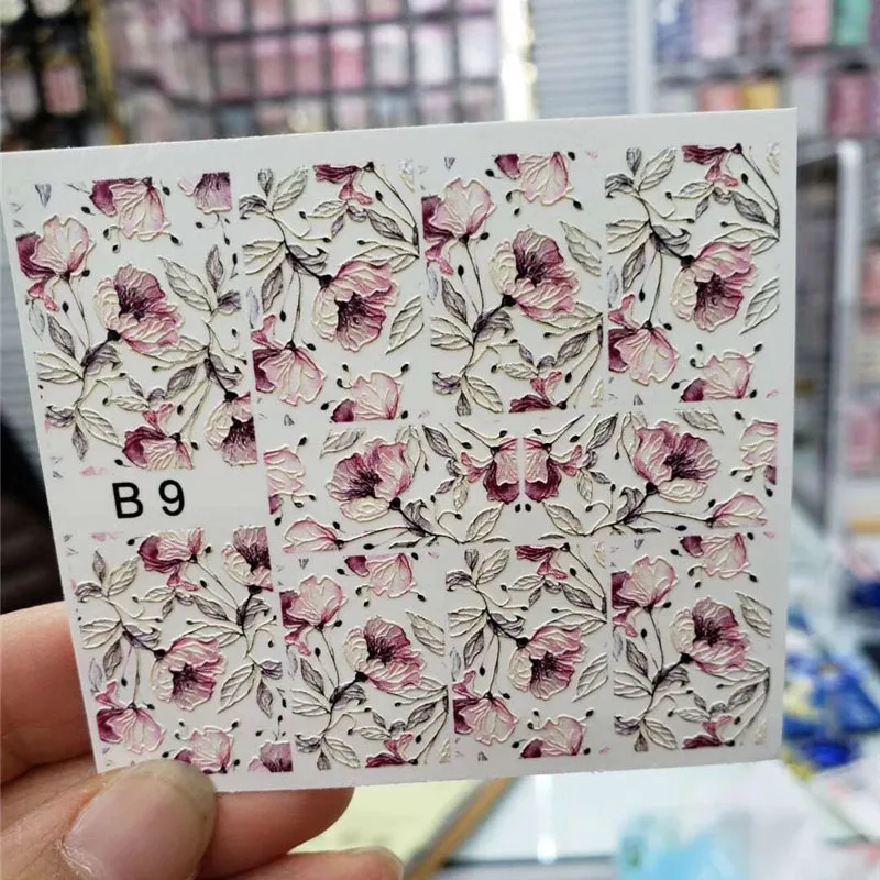 Акриловые Выгравированные 3D DIY Наклейка с цветком для ногтей рельефные цветочные узоры ногтей водные горки переводные наклейки для маникюра - Цвет: B9