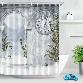

Bathroom Waterproof Fabric Shower Curtain Liner Hooks Christmas Snow Arch Clock
