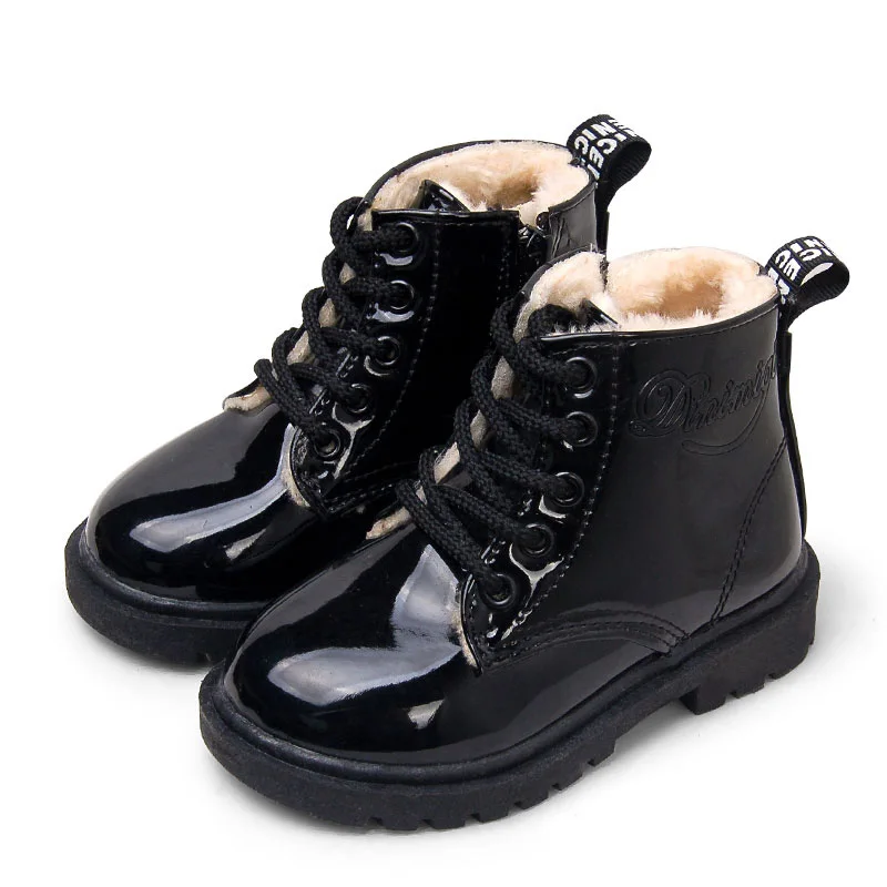 GNORNIL/зимняя детская обувь из искусственной кожи; водонепроницаемые детские Ботинки martin; зимние сапоги; брендовые резиновые сапоги для мальчиков и девочек; модные кроссовки - Цвет: Black Plush
