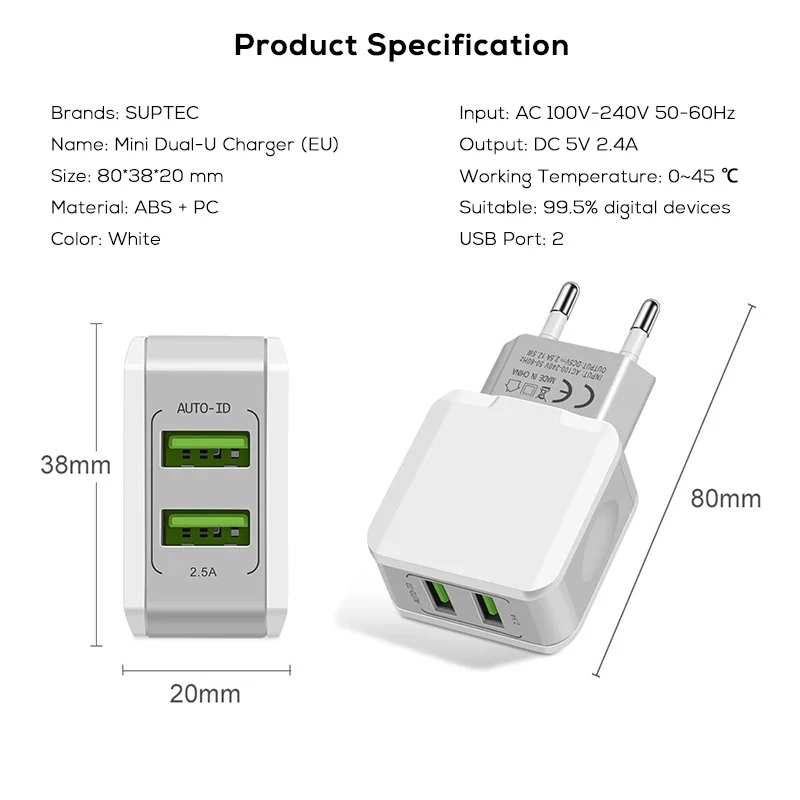 SUPTEC 5 в 2,4 А двойное USB зарядное устройство для iPhone X 8 7 iPad быстрое настенное зарядное устройство для мобильного телефона адаптер ЕС для samsung S9 S8 huawei Xiaomi