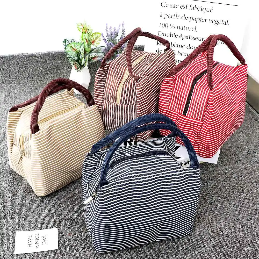 

Leisure Women Portable Lunch Bag Canvas Stripe Insulated Cooler Bags Thermal Food Picnic Lunch Bags Kids Lunch Box Bag Tote