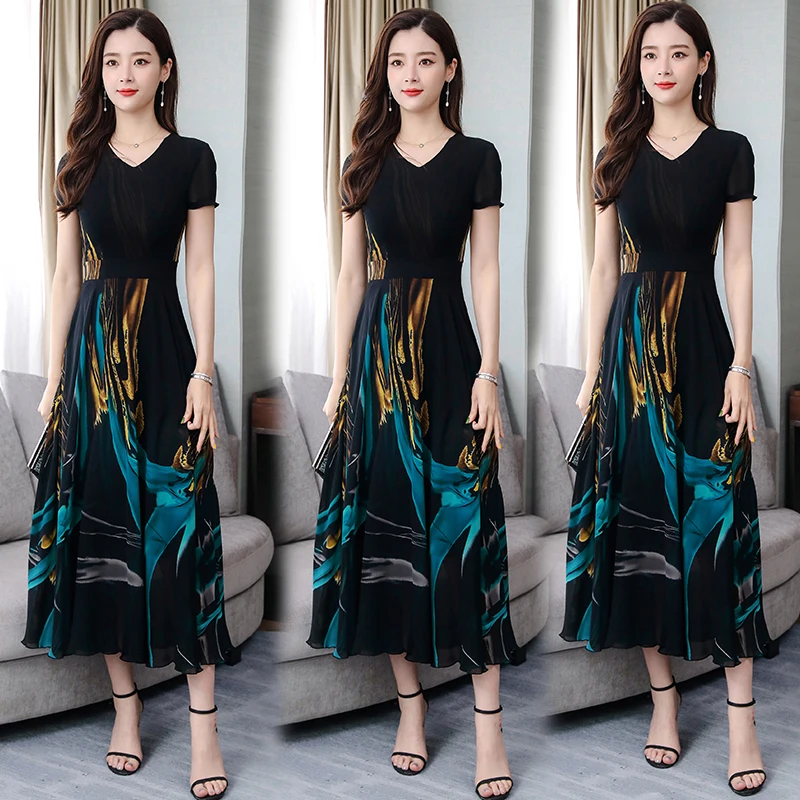 

2019 summer Plus Size large Chiffon Dress Short Sleeve Long Maxi Party Night Dresses Women Print Floral Slim Bodycon Clothing
