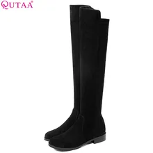 QUTAA/ г. Женские сапоги до колена универсальная черная зимняя обувь из флока и лайкры на низком квадратном каблуке с круглым носком женские ботинки размер 34-43