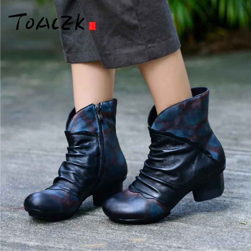 

Hand-made leather women's shoes, middle heel retro national style short boots, top layer of cowhide single boots