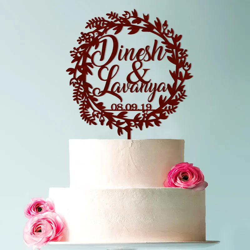 Personalized Wood Wedding Cake Topper with Names and Date, wreath Acrylic wedding cake topper, surname wedding cake topper