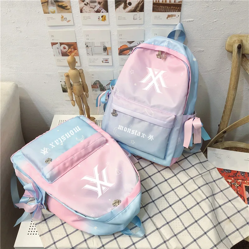 

kpop Monsta X Korean Star Powder blue gradient backpack schoolbag for teenage girls kpop fashion cute backpack travel backpack