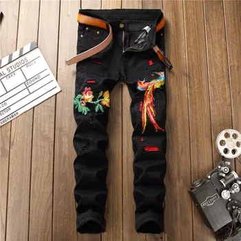 

2019 European Style Men's Phoenix Floral Embroidery Holes Ripped Jeans Fashion Elastic Slim Distressed Trendy Black Denim Pants