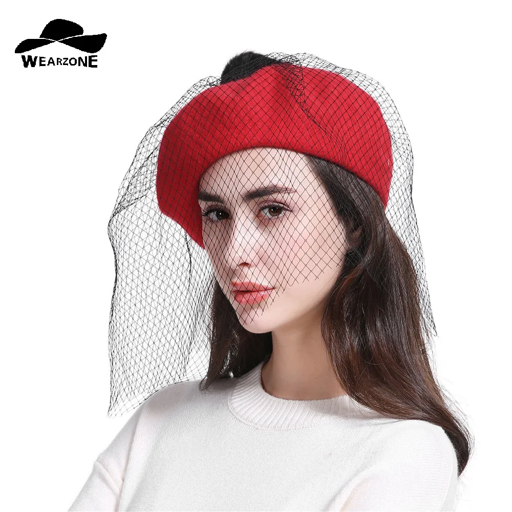 

2076 New Winter women hat Vintage wool Berets Hairball top with net veil Caps pillbox hat gorras planas hombre Hats Beret Beanie