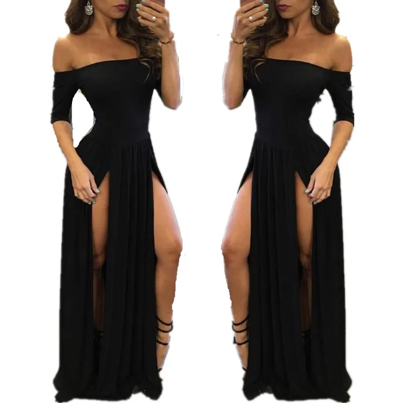 

New Ladies Short Sleeve Off Shoulder Side Open Floor Length Dress