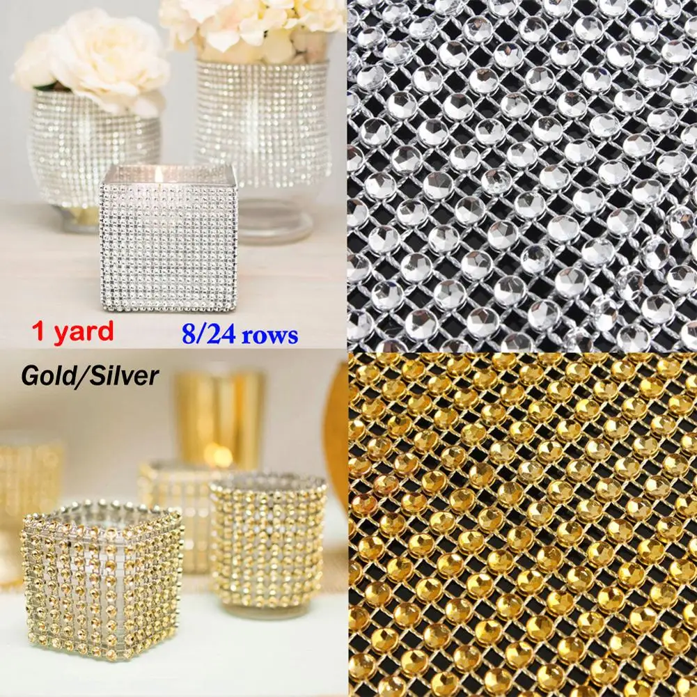 1Yard 8/24 Rows Gold Silver Crystal Diamond Mesh Rhinestone Ribbon for Wedding Party Gift Vase Floral Decoration Products Decor 1Yard 8/24 Rows Gold Silver Crystal Diamond Mesh Rhinestone Ribbon for Wedding Party Gift Vase Floral Decoration Products Decor