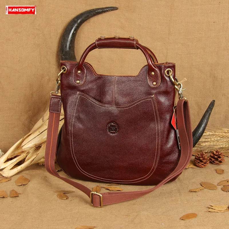 

New genuine leather women handbag first layer cowhide female crescent moon bag brown retro leather shoulder Messenger bags