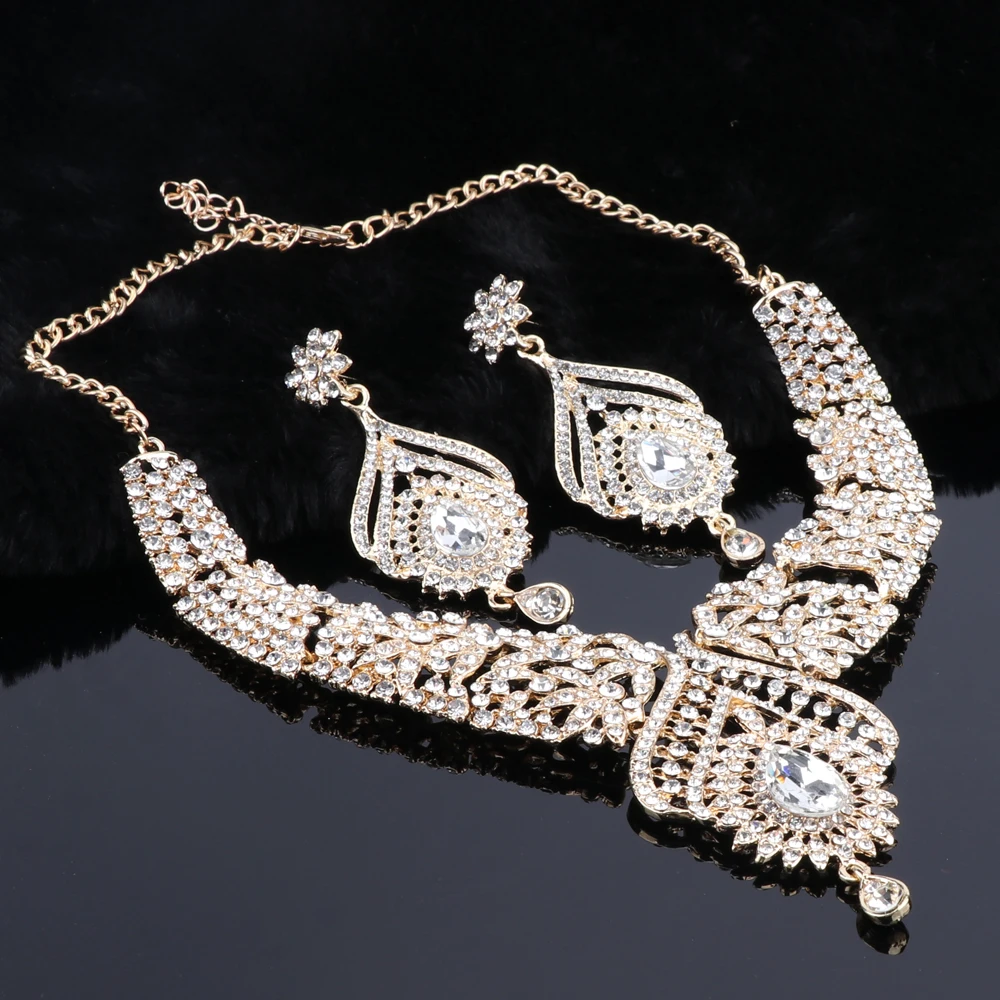 OEOEOS индийские ювелирные изделия Кристалл ожерелье серьги набор свадебные ювелирные комплекты для невест Свадебный костюм аксессуары украшения