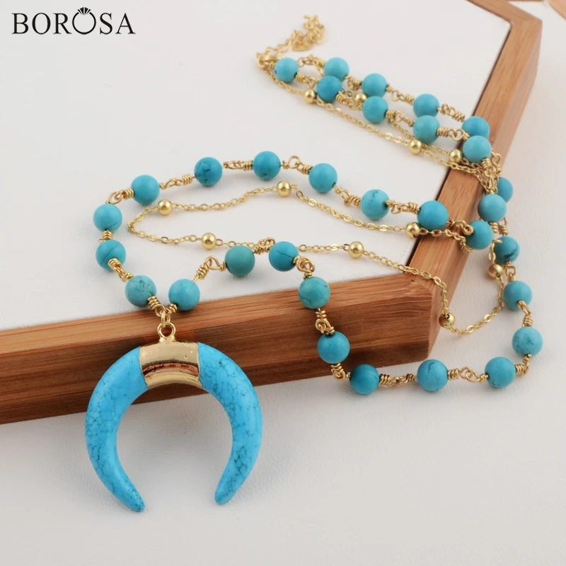 

BOROSA Gold Color Natural Blue Howlite Turquoises Crescent Horn Layers Necklace Handmade Jewelry CL125