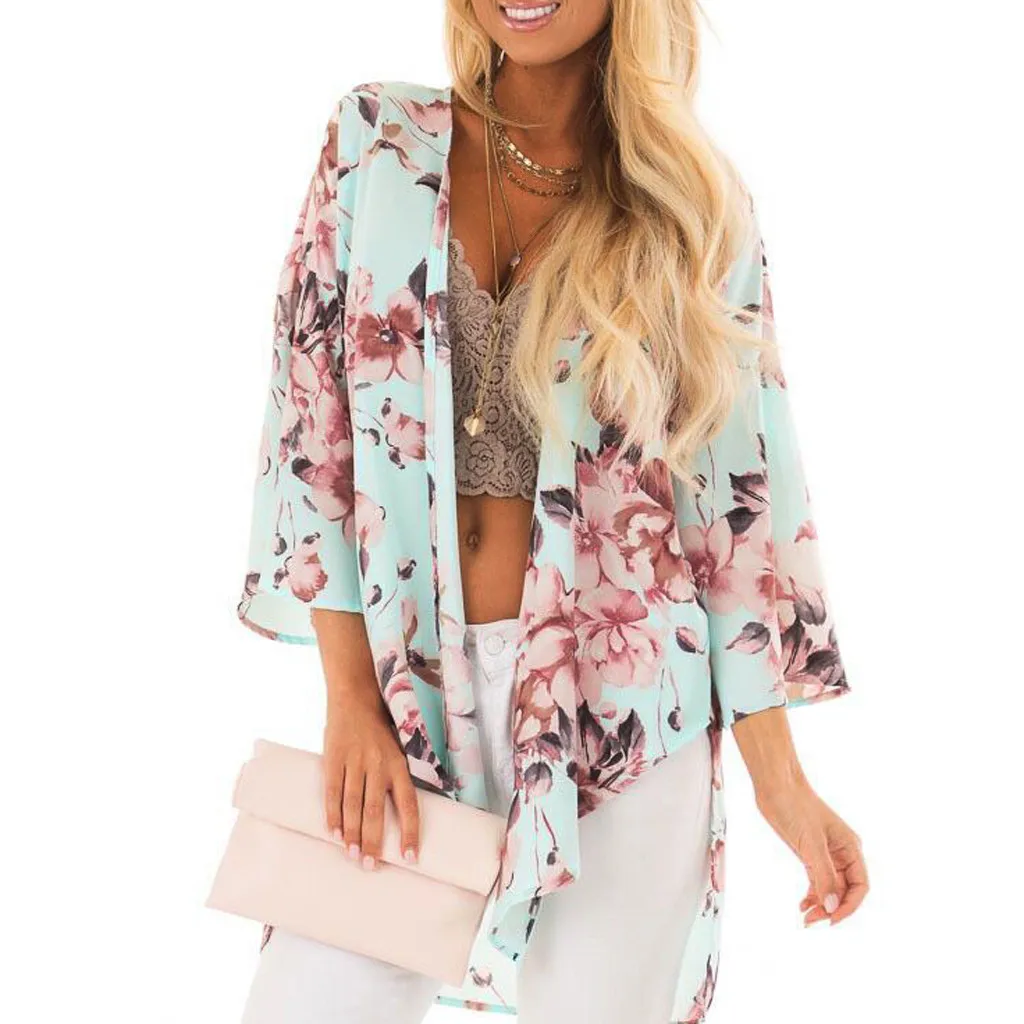

2019 Summer Floral Print Cardigan Bikini Cover Up Chiffon Swimwear Women Swimsuit Kaftan Beach Tunic Blouse Smock Beachwear Cape