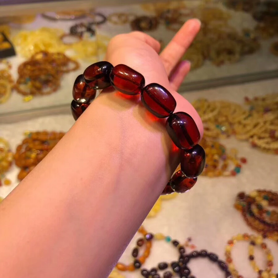 Genuine Natural Blood Red Amber Gemstone Crystal Barrel Beads Fine Jewelry Women Lady Stretch Bracelet 17x12mm AAAAA (5)