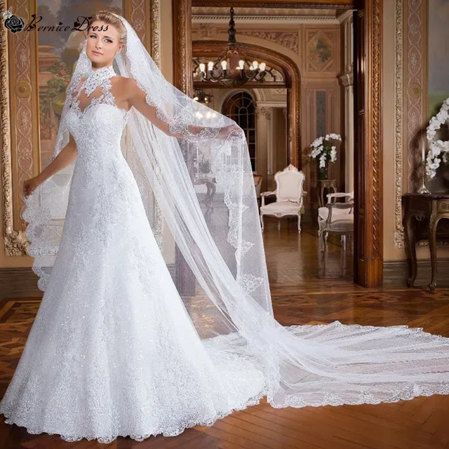 vintage magnífico encaje del vestido de boda vernassa cuello alto