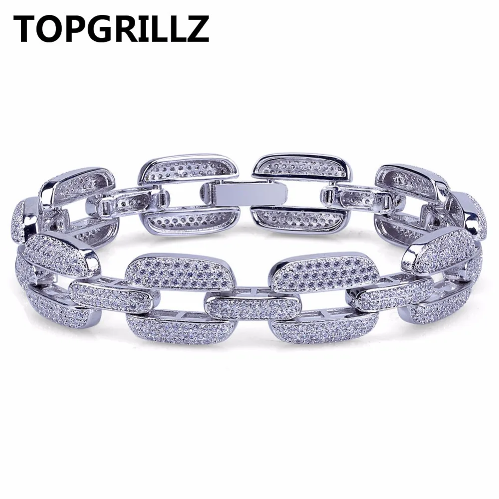 TOPGRILLZ Hip Hop Gold/Silver Color Iced Out Micro Pave CZ Stone Bracelet Copper Cuban Chain Link 15mm Bracelets 20.5cm Long