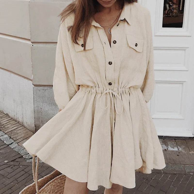 

Vintage Elagant Women Mini Shirt Dress Casual Lantern Sleeve Short Sundress Turndown Collar Lace Up Linen Female Streetwear