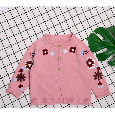 Кардиган для маленьких девочек, весенний свитер для маленьких девочек, свитер с вышивкой для новорожденных, шерстяной цветочный свитер для девочек, вязаная одежда для малышей для девочек - Цвет: Розовый